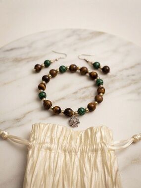 Brown & Green Stone Beaded Bracelet & Earrings Jewelry Set